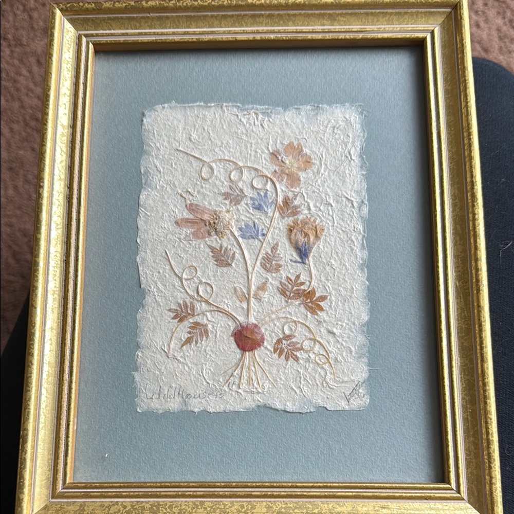 Handmade Botanical Relief Art in Gold Frame - Cream and Pastel Accents